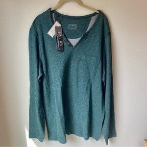 JACHS Mens Long Sleeve Tee T Shirt Split V Neck Double Face Top Forest Green NWT